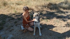 Cécile Delmotte, créatrice de La pyramide du loup en compagnie d'Amarok (loup en langage Inuit)